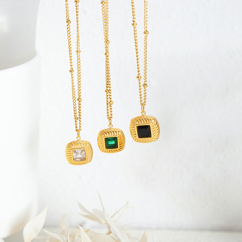 18K Gold Fashionable Retro Square Inlaid Gem Design Court Style Earrings Necklace Set a5f7fb16-675f-4d67-941d-09b4d190d130 Artshiney