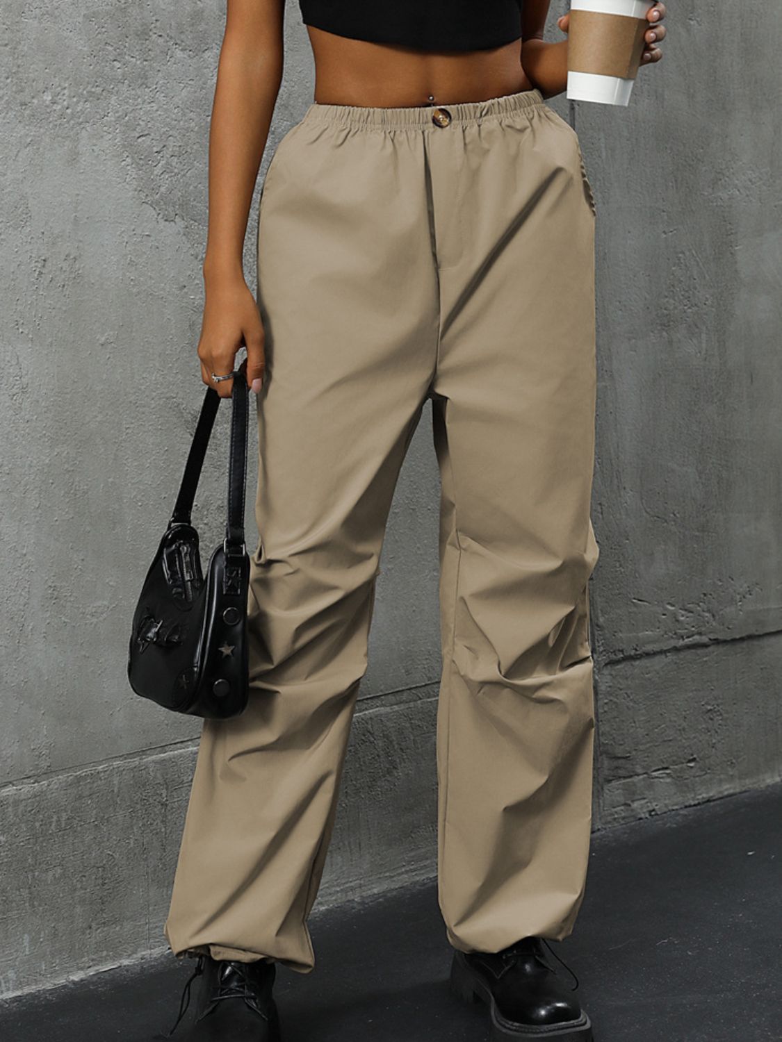 Perfee Pocketed Elastic Waist Pants Khaki a624e369-4e32-4746-958d-926ebec247d4-Max Trendsi