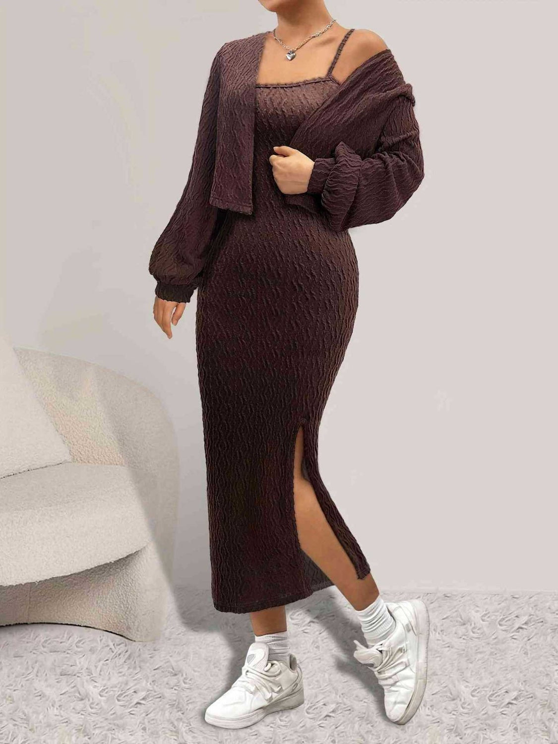 Open Front Long Sleeve Cardigan and Side Slit Cami Dress Set a6290113-52d4-4f78-b9e3-3619d94f60f1-Max Glownestbest