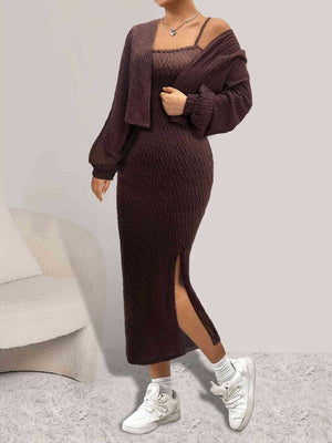 Open Front Long Sleeve Cardigan and Side Slit Cami Dress Set a6290113-52d4-4f78-b9e3-3619d94f60f1-Max Glownestbest