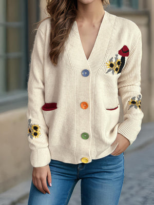 Contrast Button V-Neck Long Sleeve Cardigan a707b1e8-3826-452a-9e2b-8c6d4a8df5a5-Max Glownestbest