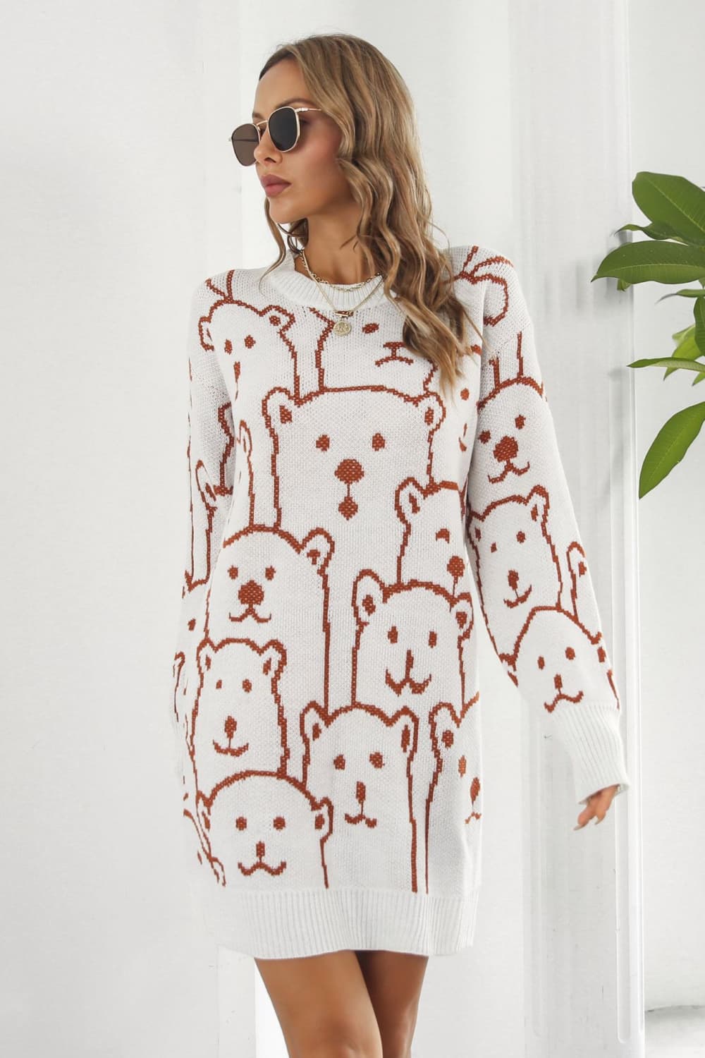 Bear Pattern Round Neck Sweater Dress White a71c60d1363b456688de38bc294ab137-Max Glownestbest