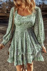 Ruffle Hem Floral Square Neck Long Sleeve Dress Sage a72eeb47-0c8a-4350-bf5c-a9a7c3966d0c-Max Glownestbest
