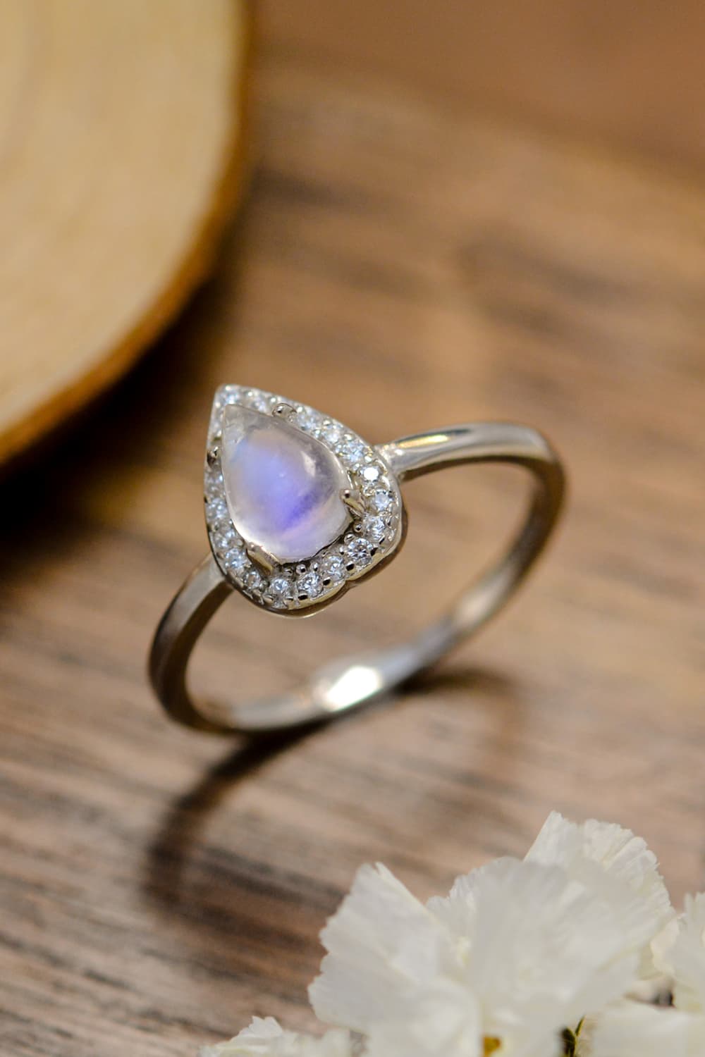 Moonstone Teardrop 925 Sterling Silver Halo Ring Silver a76d7c2a992540eab56822518ad6fc11-Max Trendsi