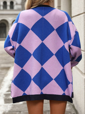 Checkered Dropped Shoulder Long Sleeve Cardigan a781b4e6-64b8-4fcf-89c6-7d35abea0d3b-Max Glownestbest