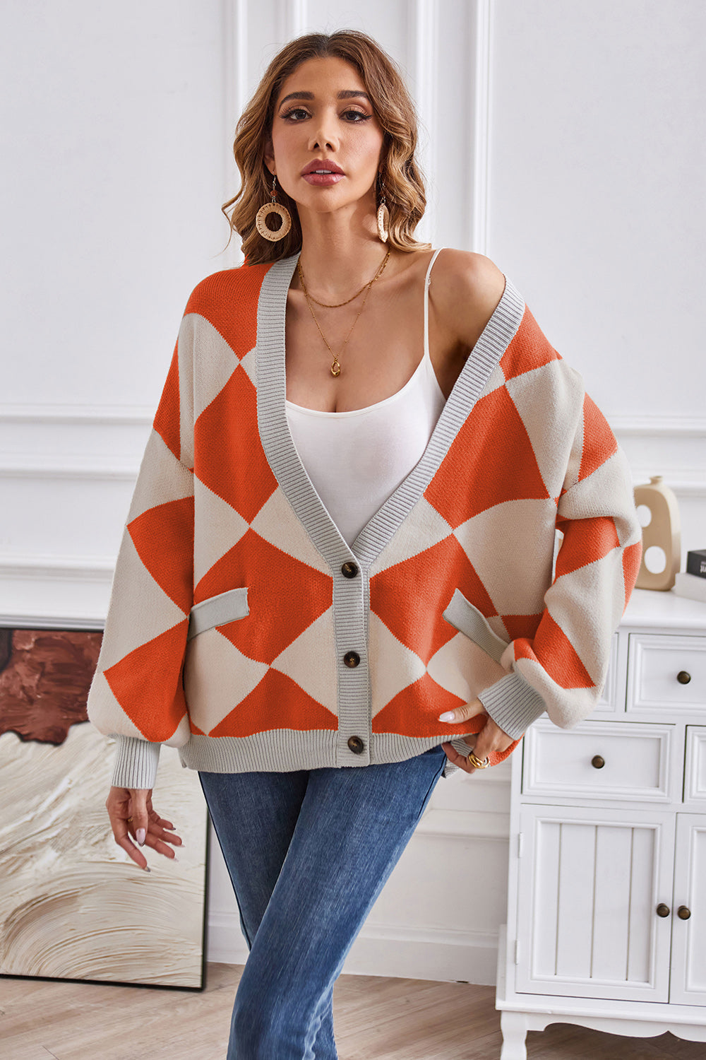 Geometric Lantern Sleeve Cardigan with Pockets a793550a9f754c9e9144a8f6e70bcb8b-Max Glownestbest