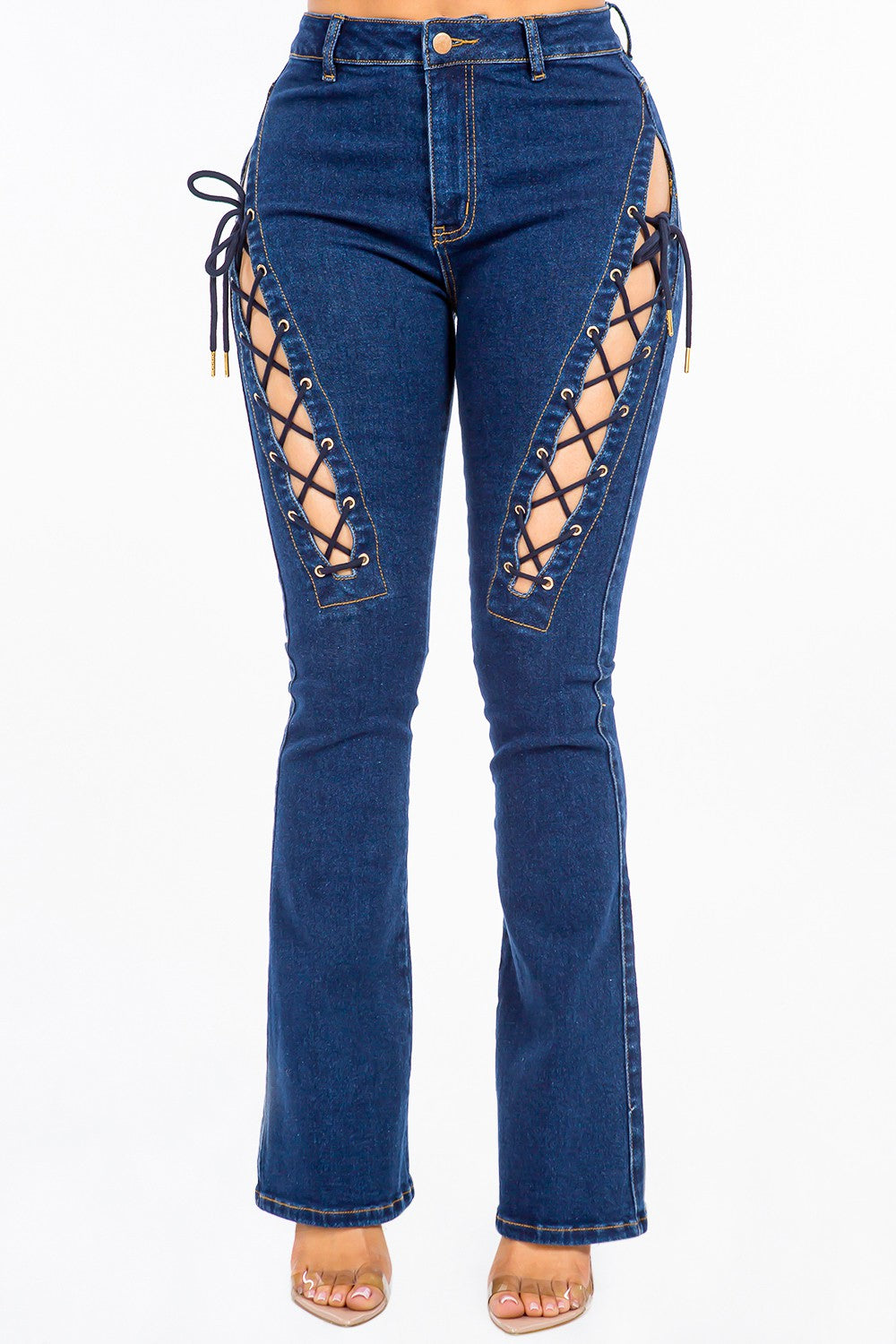 American Bazi High Rise Lace Up Jeans DK Blue a8001552-b86d-40b8-9ba8-0df06ade3899-Max Trendsi