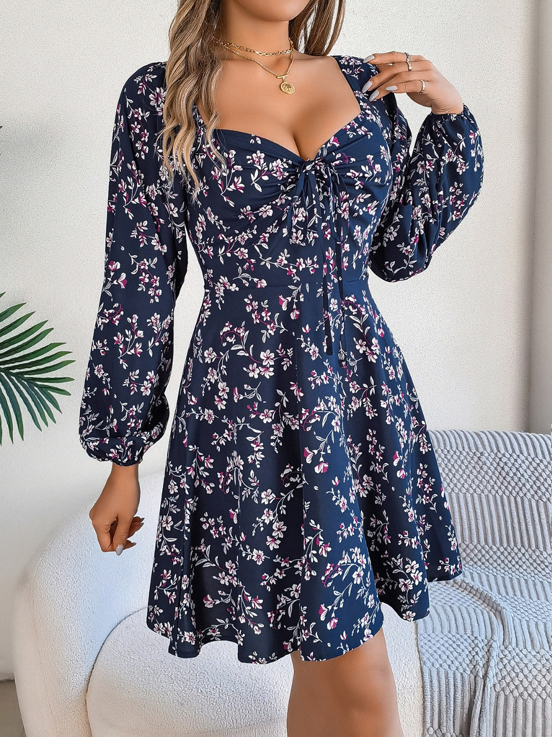 Printed Sweetheart Neck Balloon Sleeve Mini Dress Navy a84985d6-4ce8-4f9b-bd92-5281fc73663a-Max Glownestbest