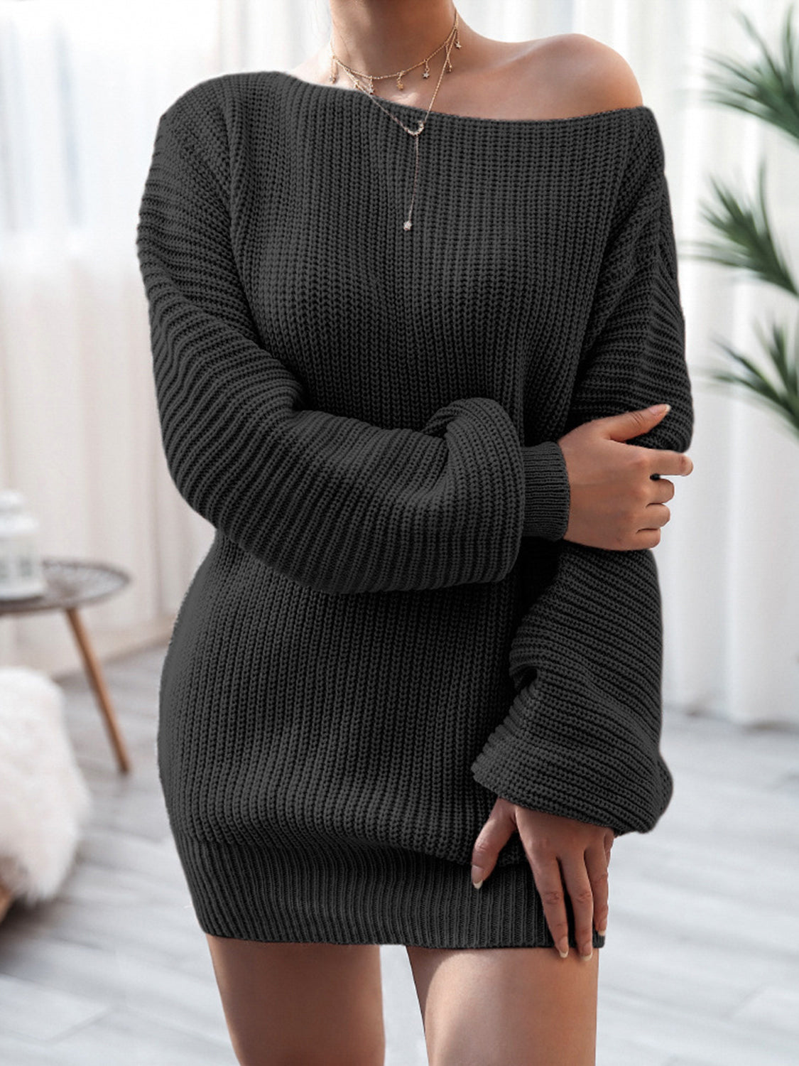 Rib-Knit Mini Sweater Dress Black a85c1cdbb53a4d0dba4b4b07d9e9bbf9-Max Glownestbest