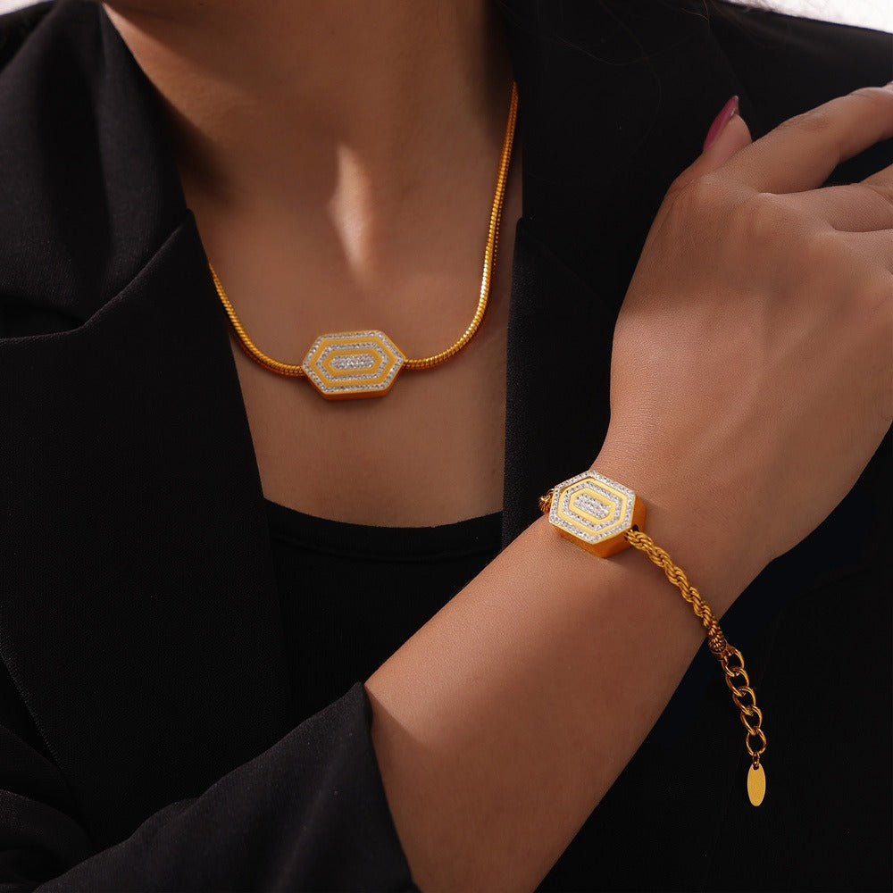 18k gold exquisite noble hexagonal diamond design light luxury style necklace bracelet set a863c613-2d20-48ab-8b74-68b854fd7c72 Glownestbest
