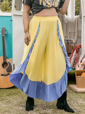 Plus Size Contrast Ruffled Wide Leg Pants a8fdba35-8496-4a43-a606-eb45890e85f7-Max Trendsi
