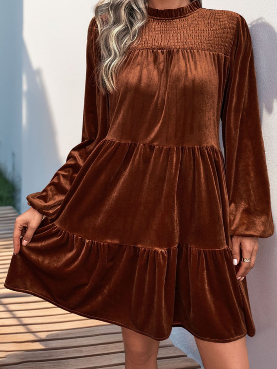 Perfee Tiered Ruched Mock Neck Long Sleeve Dress a941e68c-ba2e-48a1-ad45-24d94114dfc5-Max Glownestbest