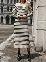 Striped Round Neck Long Sleeve Dress Tan a94745e0-a919-48de-81f6-7281353f4cd1-Max Glownestbest