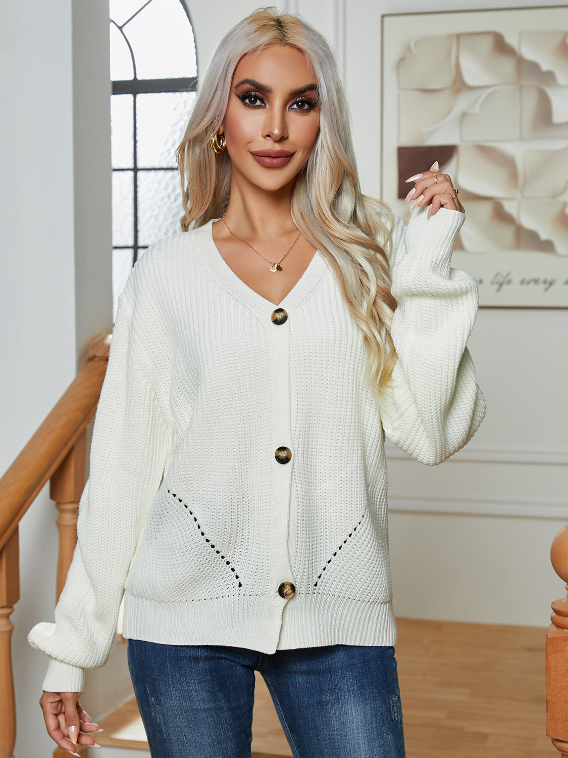 Button Up V-Neck Long Sleeve Cardigan a949a94eeafe428fa1add0b39b604269-Max Glownestbest