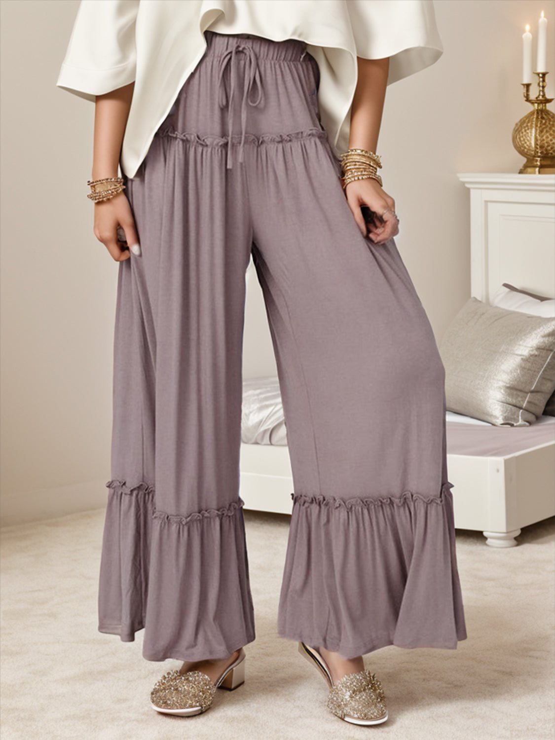 Wide Leg Ruffle Trim Pants a9931098-e26c-4e78-ada1-aab74ec53be0-Max Trendsi