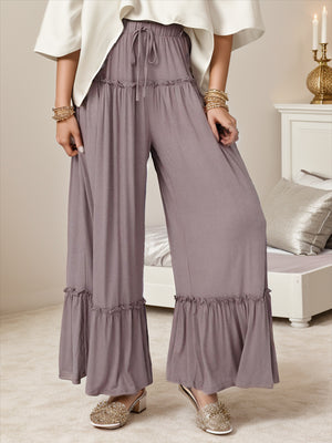 Wide Leg Ruffle Trim Pants a9931098-e26c-4e78-ada1-aab74ec53be0-Max Trendsi