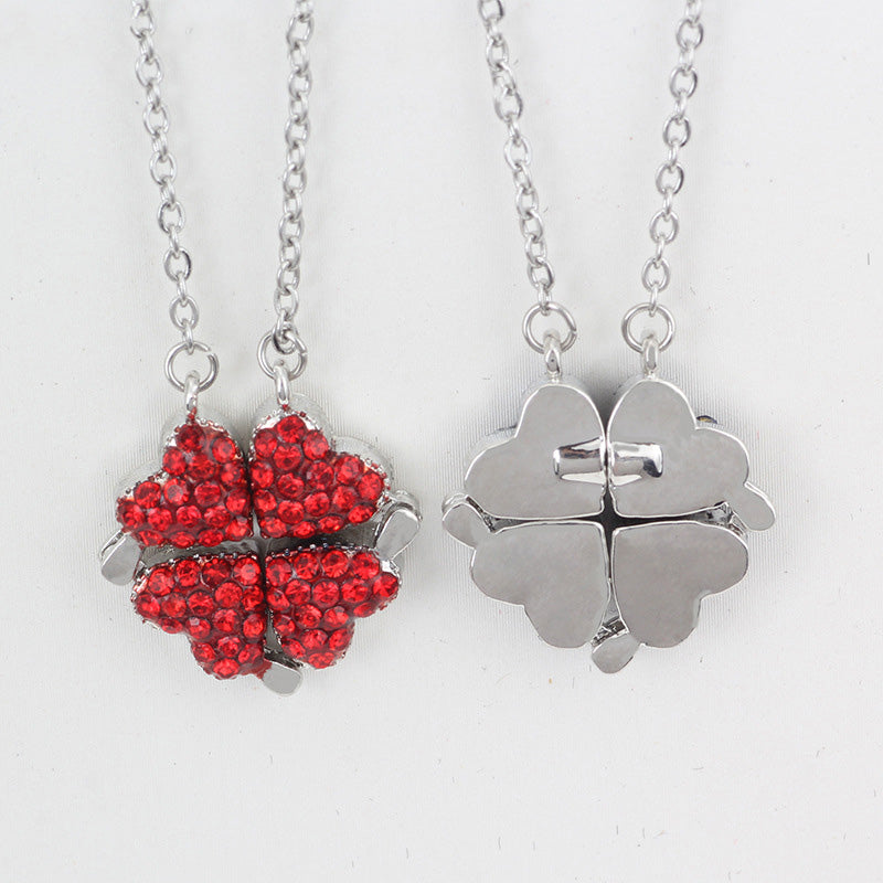 Noble and luxurious four-leaf clover paired with a heart studded with diamonds, a two-wear design necklace Single-sided platinum red opening and closing model a9ab27cf-a4f5-42dd-aac2-73696f9d5658 Artshiney