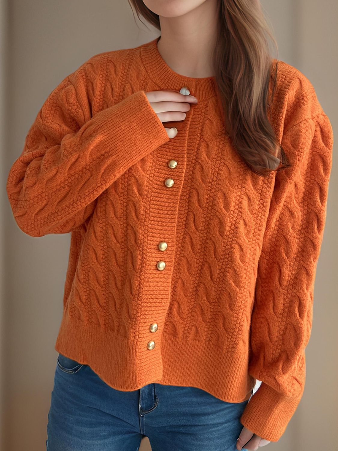 Cable-Knit Round Neck Long Sleeve Cardigan aa02ac15-9006-4c25-b572-74124faabac4-Max Glownestbest