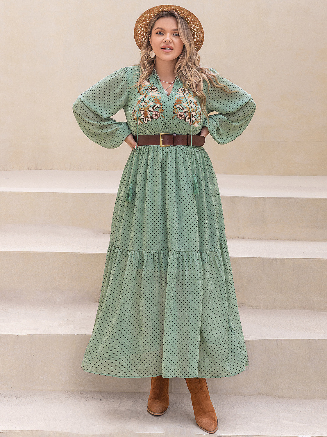 Plus Size Tassel Printed Tie Neck Long Sleeve Midi Dress aa2f2c25-e39a-40c4-b7c0-263e12db23a2-Max Glownestbest