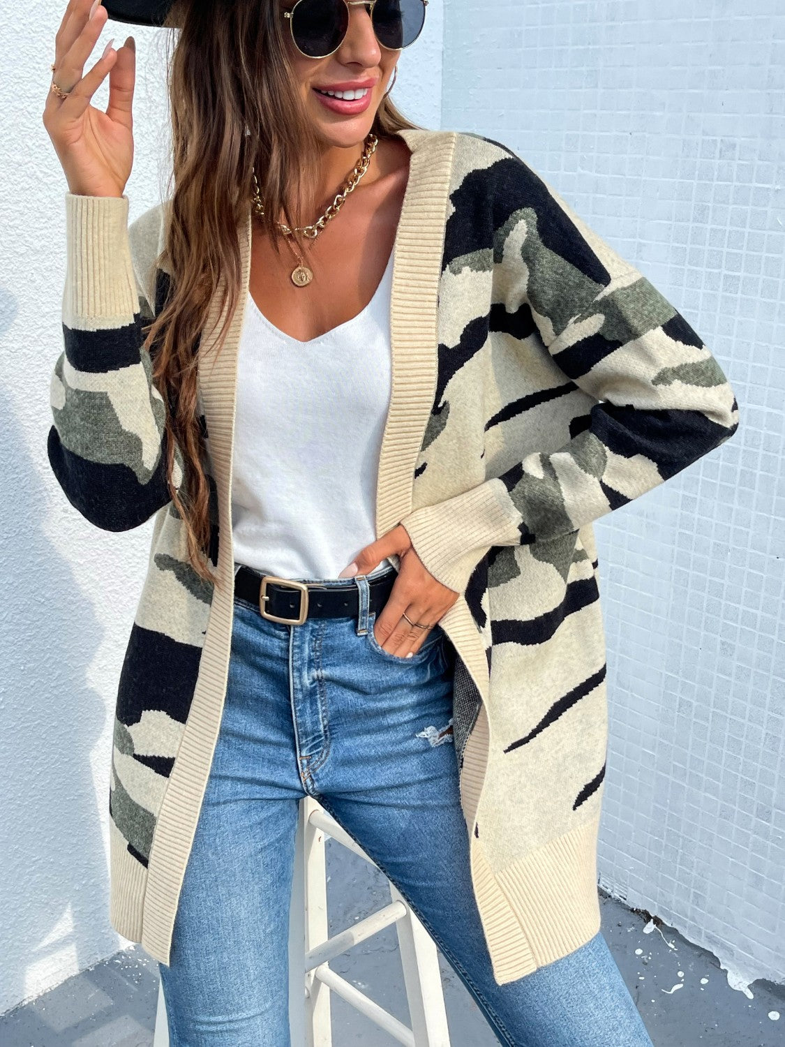 Camouflaged Dropped Shoulder Open Front Cardigan Green Camouflage aa35a304-0bc4-4854-a779-e91a6f5b02b1-Max Glownestbest