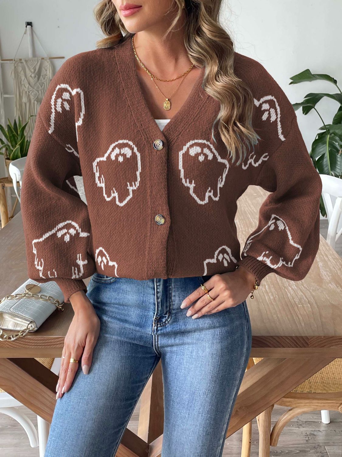 Glownestbest® | V-Neck Dropped Shoulder Cardigan Brown aa375fa0-1166-4c05-9d8a-06683b373772-Max Glownestbest