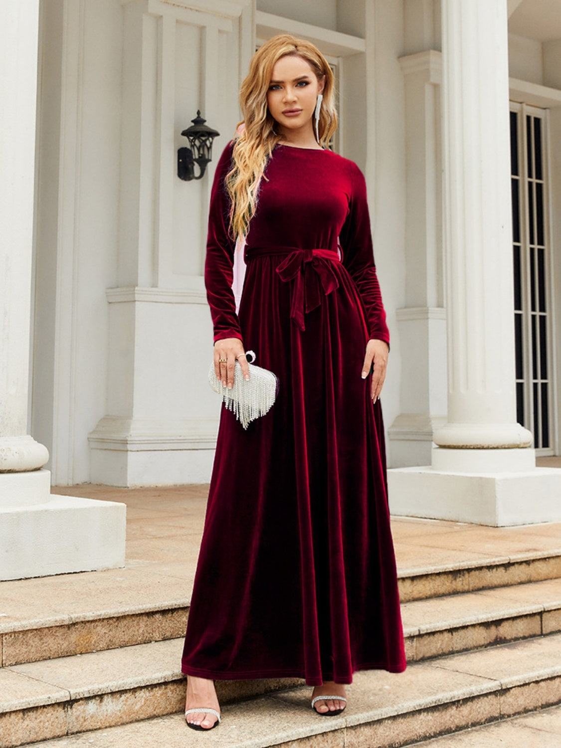Tie Front Round Neck Long Sleeve Maxi Dress Burgundy aa741689991c46e2a3840963d6b8fbb6-Max Glownestbest