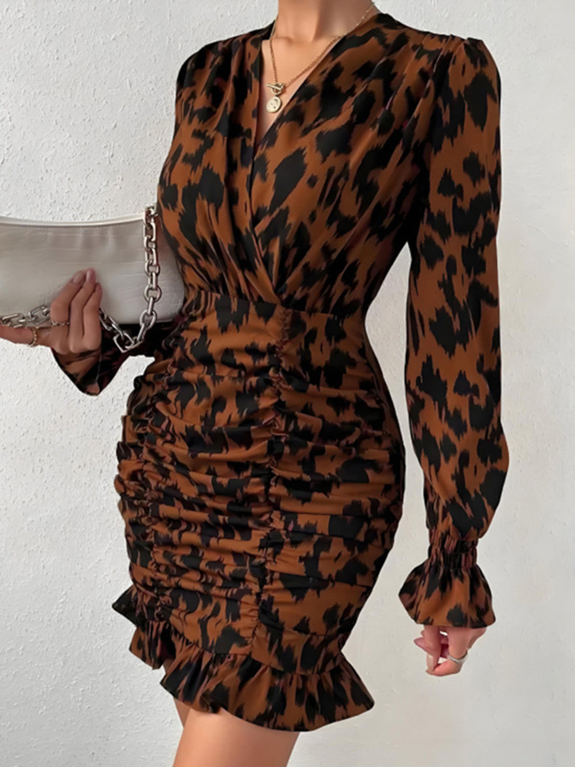 Ruched Ruffled Leopard Surplice Long Sleeve Dress Leopard aa8405e5-b270-4830-bc6f-bf55dfd72d18-Max Glownestbest