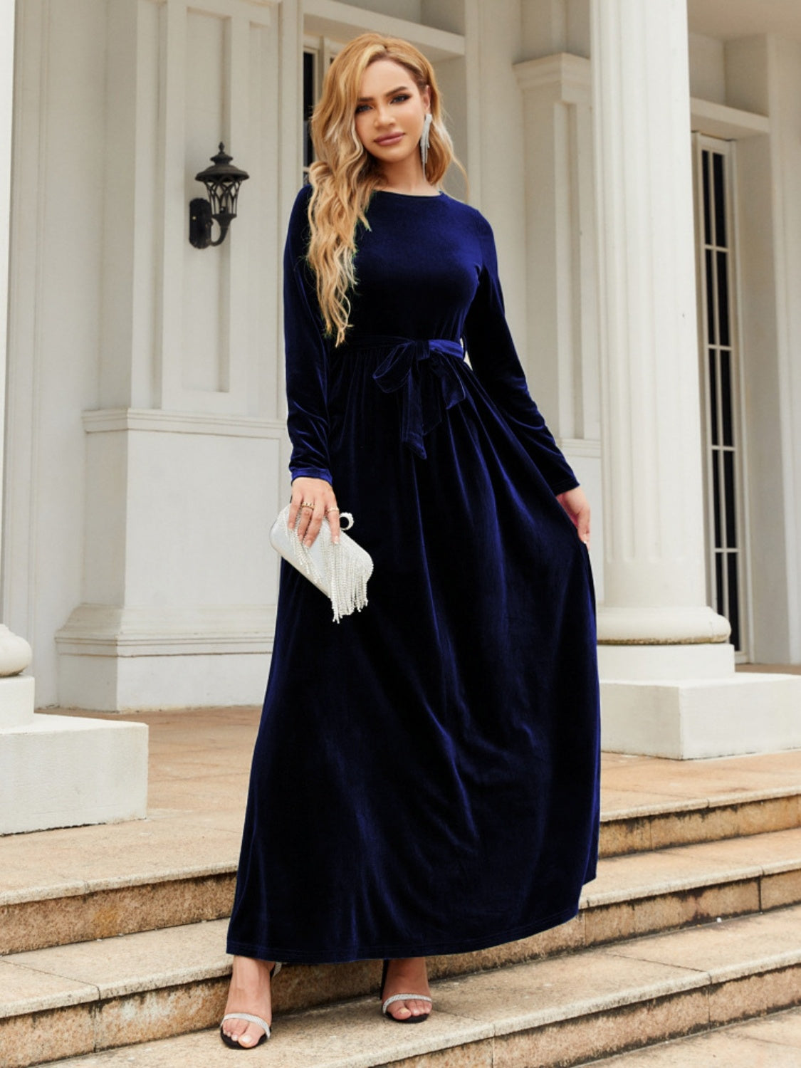 Tie Front Round Neck Long Sleeve Maxi Dress Dark Blue aab084ea31044a5baf2a17188c2480d5-Max Glownestbest