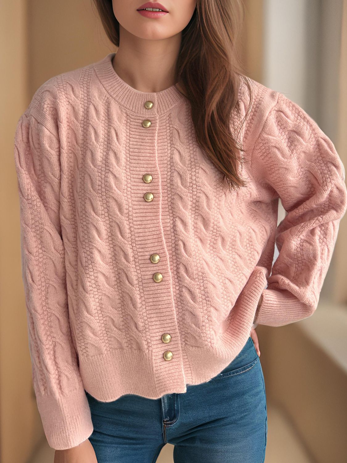Cable-Knit Round Neck Long Sleeve Cardigan Dusty Pink One Size ab4edfee-4814-463d-9bde-e4d76a96b896-Max Glownestbest