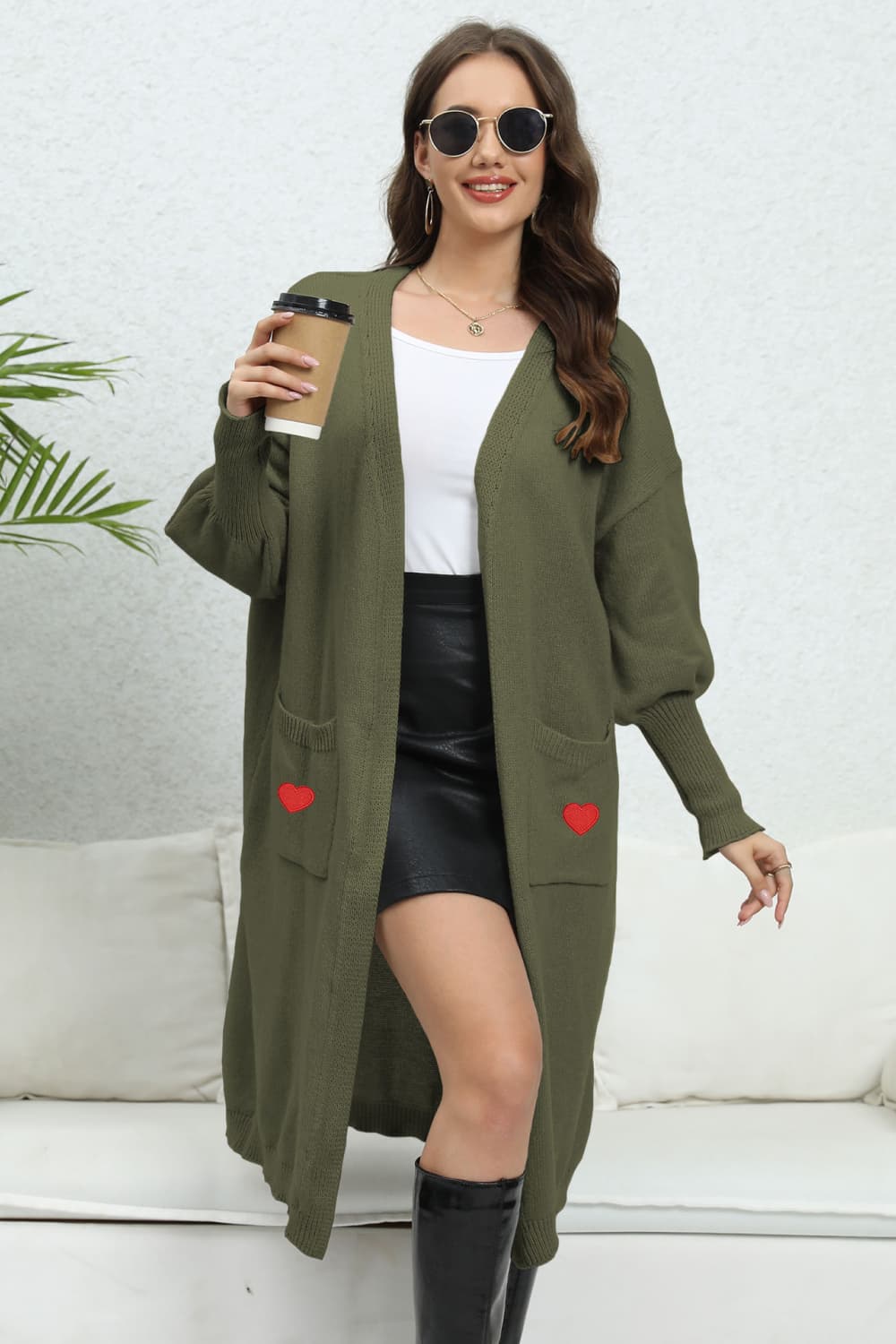 Lantern Sleeve Open Front Pocketed Cardigan Army Green One Size ab4ffb9c92b545efadd8fdd6e121e28d-Max Glownestbest