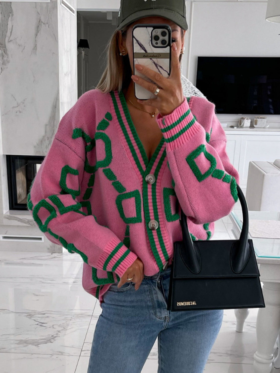 Geometric Dropped Shoulder Button Down Cardigan Hot Pink ac1e0369afb4435a8e6f603c0d27985a-Max Glownestbest