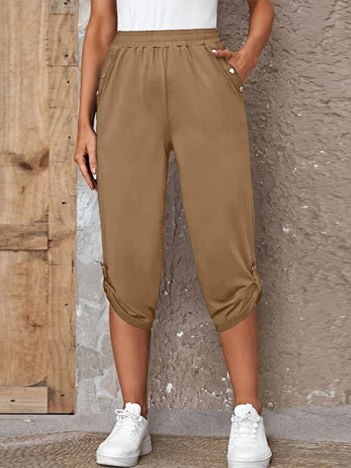 Full Size Roll-Tab Capris Pants Camel ac6ec067951047ffa391c982ccd41ad7-Max Trendsi