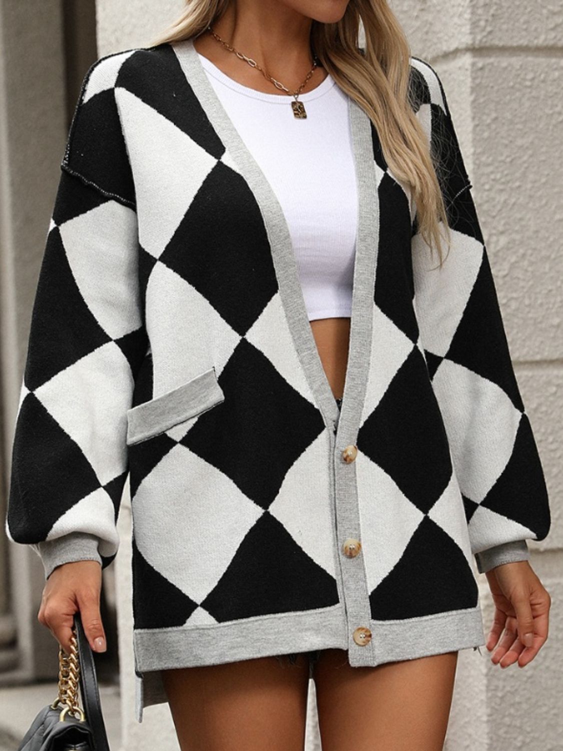 Checkered Dropped Shoulder Long Sleeve Cardigan Black acbc56a5-e4af-478c-bcd4-081545dbc9e1-Max Glownestbest