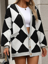 Checkered Dropped Shoulder Long Sleeve Cardigan Black acbc56a5-e4af-478c-bcd4-081545dbc9e1-Max Glownestbest
