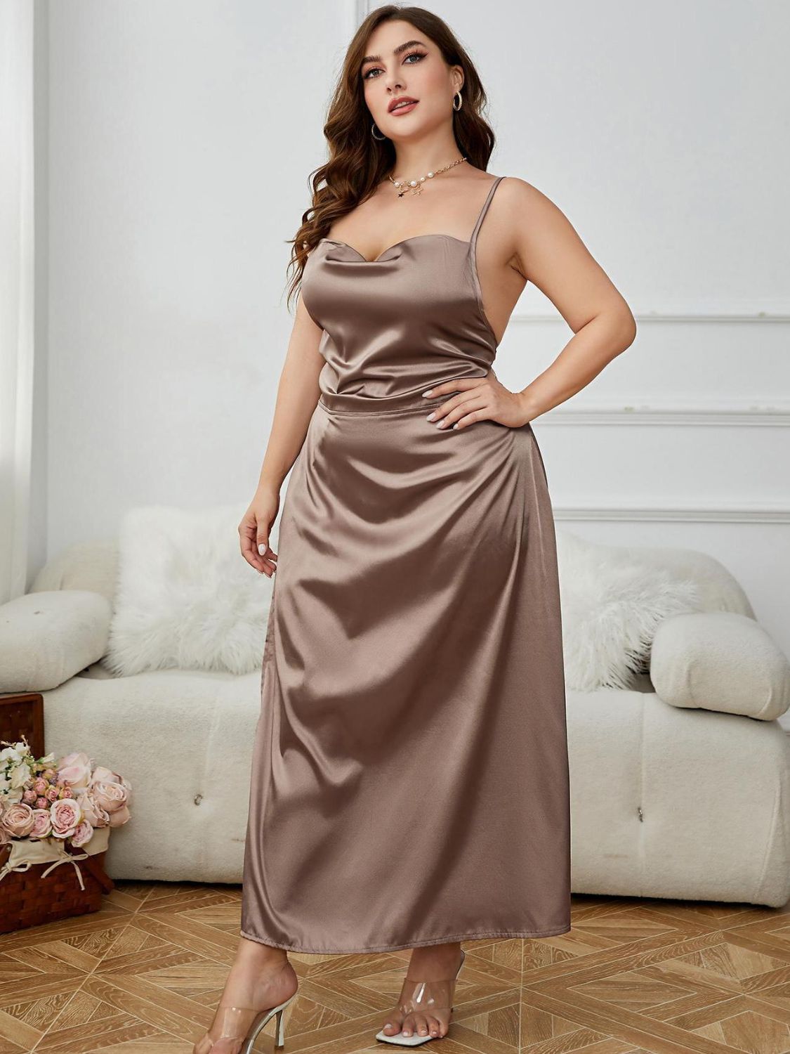 Plus Size Lace-Up Spaghetti Strap Split Night Dress aceaaeeb73a4416d8a1a762660676729-Max Glownestbest