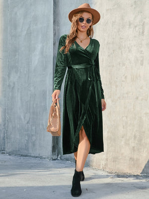 Tie Front Long Sleeve Slit Dress ad426e8cf5514ae887c29721a561cacd-Max Glownestbest