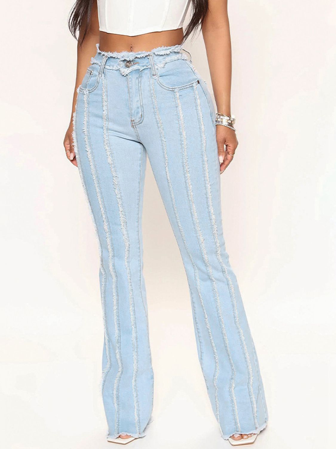 Striped Raw Hem Jeans Light ad8c2b90f0f041528a306f235ddac01b-Max Trendsi