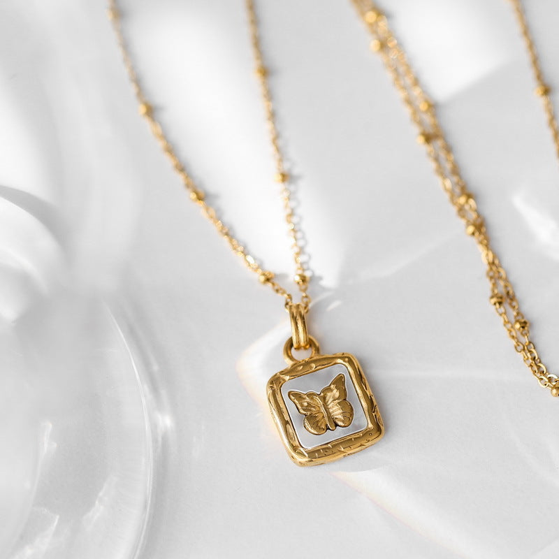 18K gold retro fashion square plate inlaid with gemstones and butterfly design light luxury style necklace ad99fef5-59d9-42f0-b14f-191f1f7e5cb8 Artshiney