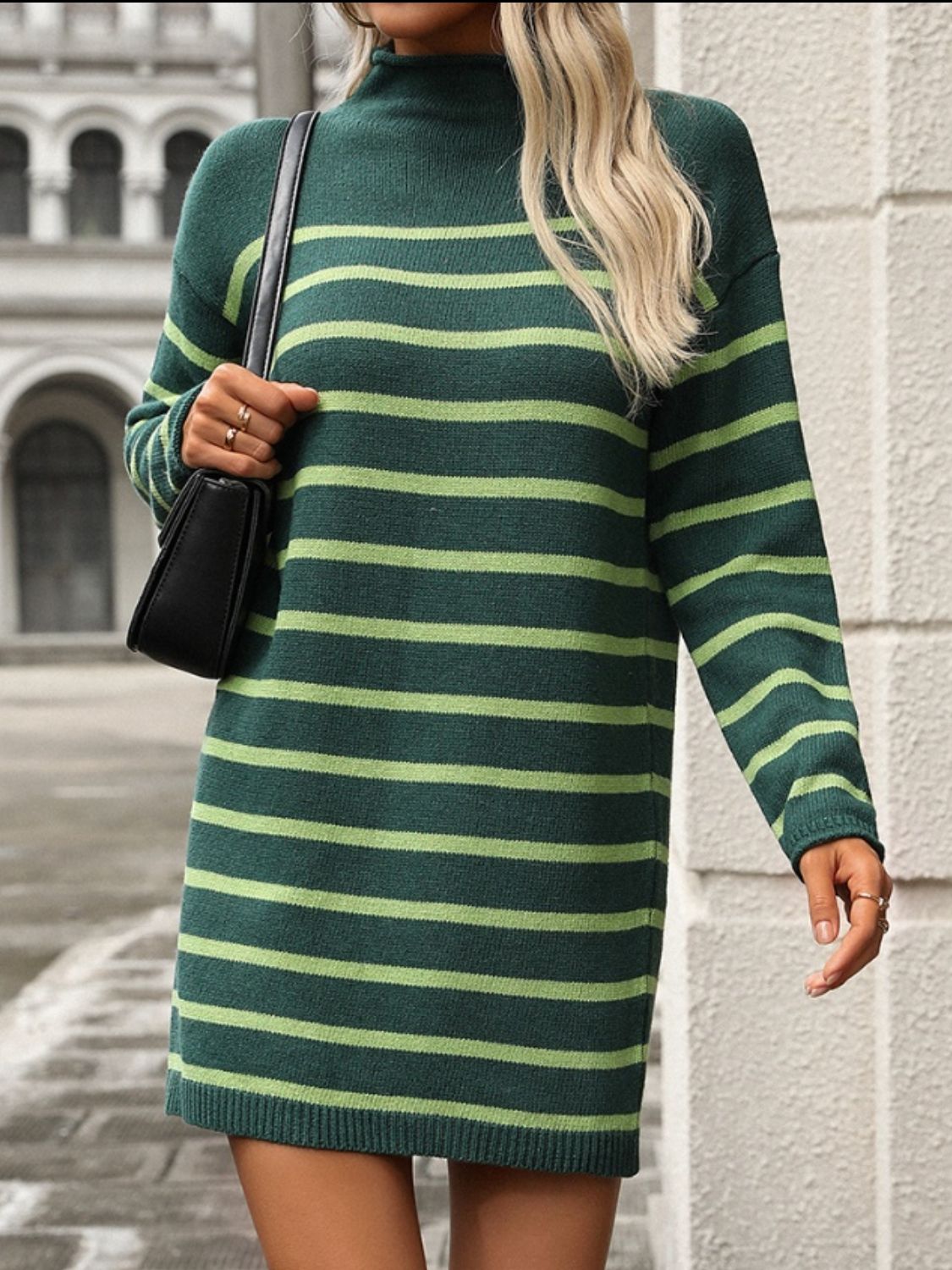 Striped Mock Neck Long Sleeve Mini Dress Dark Green ae0f5a9b-d5a3-4bab-872e-2c44ec531811-Max Glownestbest