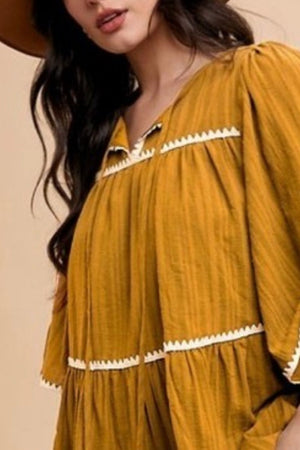 Annie Wear Tassel Contrast Trim Tie Neck Half Sleeve Tiered Dress ae44bce8-a23e-4ffa-9a6e-db8df5bb3718-Max Trendsi