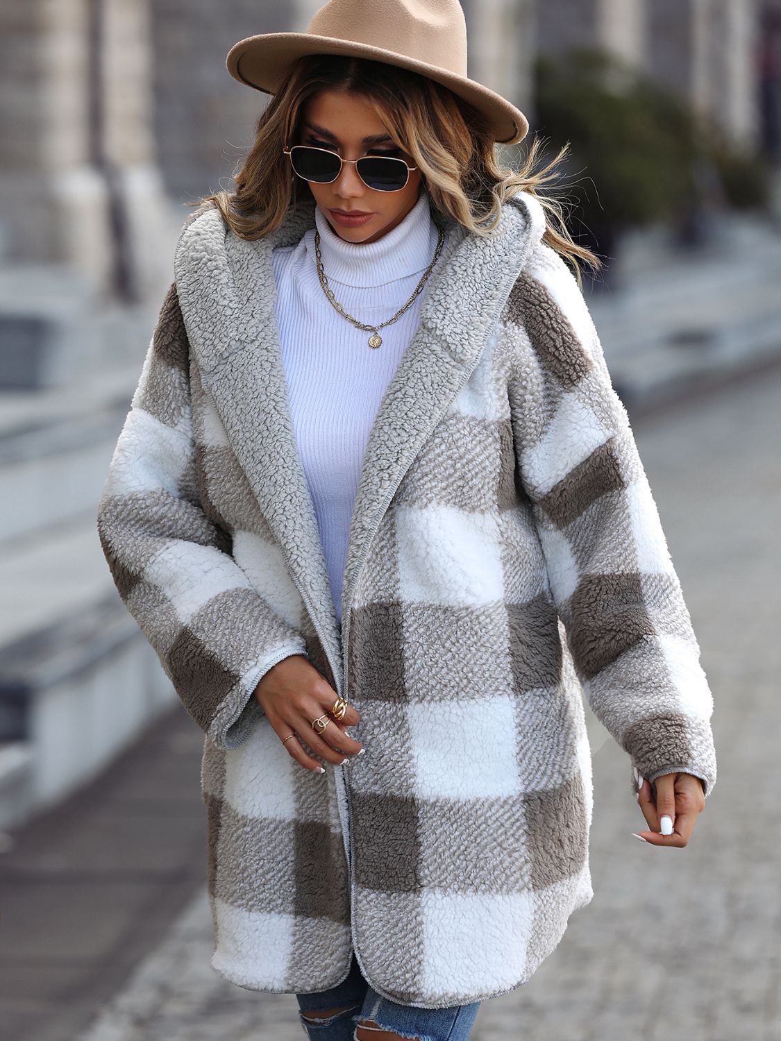 Glownestbest ® | Plaid Open Front Hooded Coat ae743a452c964fa4be7791d7755cd3bb-Max Glownestbest