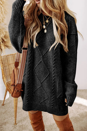 Cable-Knit Round Neck Sweater Dress Black ae7742c3-572d-4a79-821d-c94489999499-Max Glownestbest