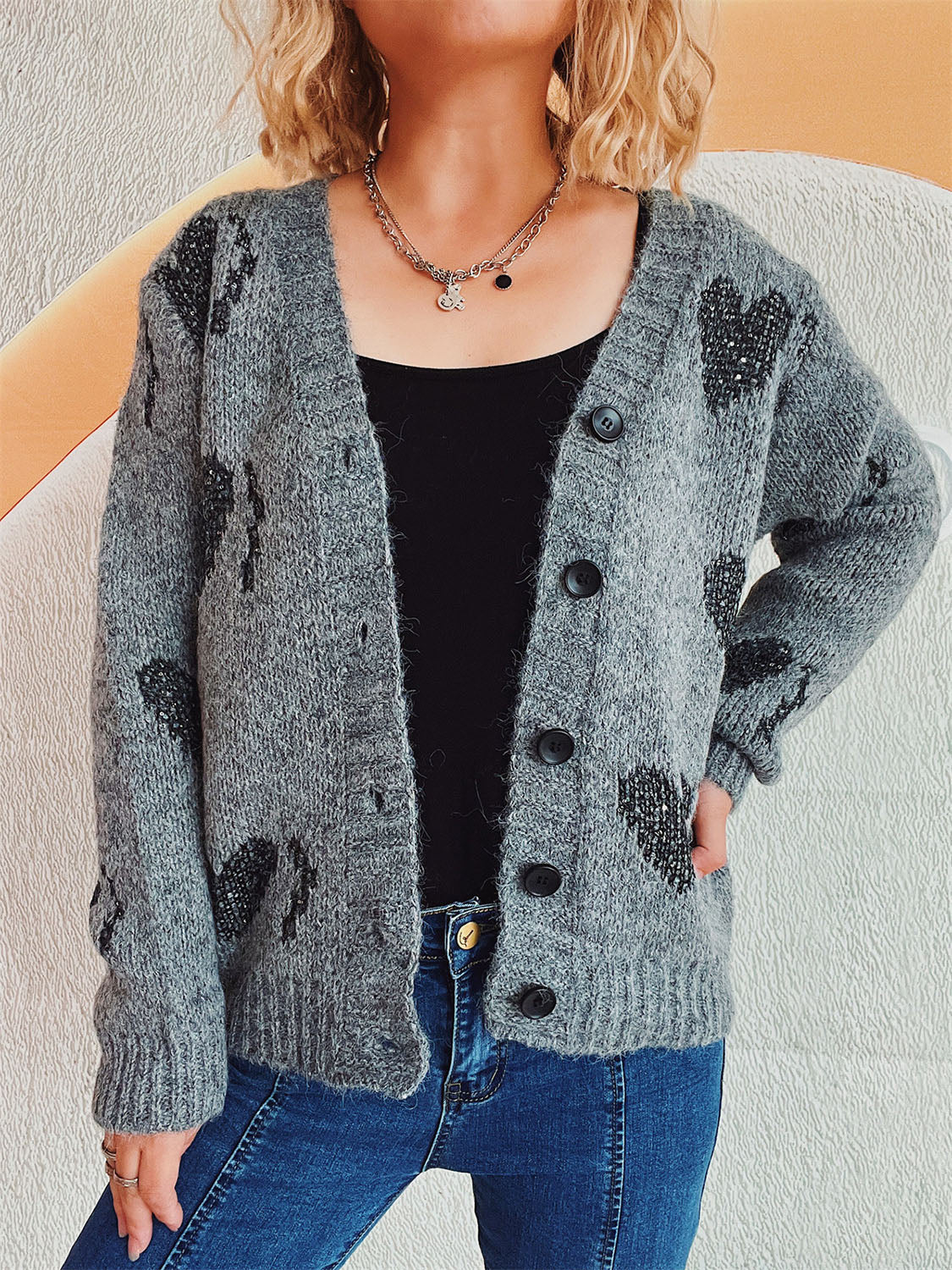 Heart Button Up Long Sleeve Cardigan Dark Gray One Size afb420d1-14d0-49b8-ba67-79b2fc569b0d-Max Glownestbest
