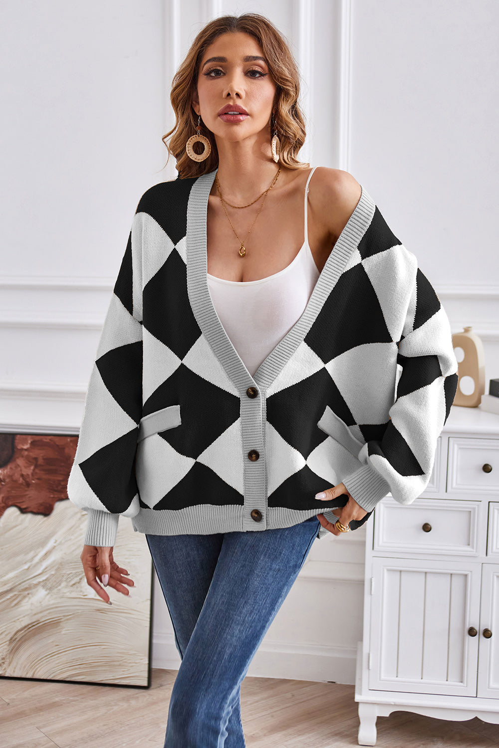 Geometric Lantern Sleeve Cardigan with Pockets b0506a9096714289b3a13ff88162750e-Max Glownestbest