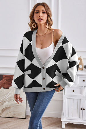 Geometric Lantern Sleeve Cardigan with Pockets b0506a9096714289b3a13ff88162750e-Max Glownestbest