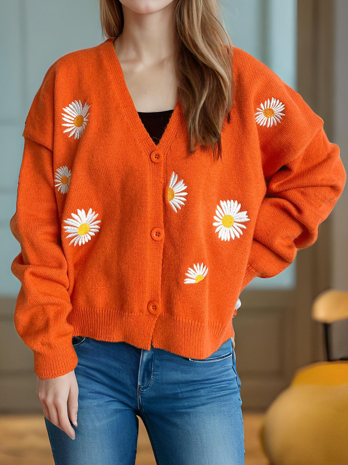 Daisy Button Up V-Neck Cardigan Orange One Size b0c979ec-bfd3-4245-a5f0-b5a6841ab22b-Max Glownestbest