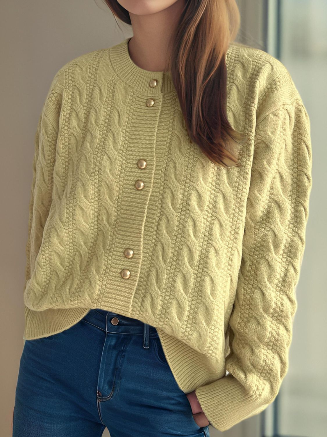 Cable-Knit Round Neck Long Sleeve Cardigan b0d6e2af-a998-46da-b975-43729d78c9bd-Max Glownestbest