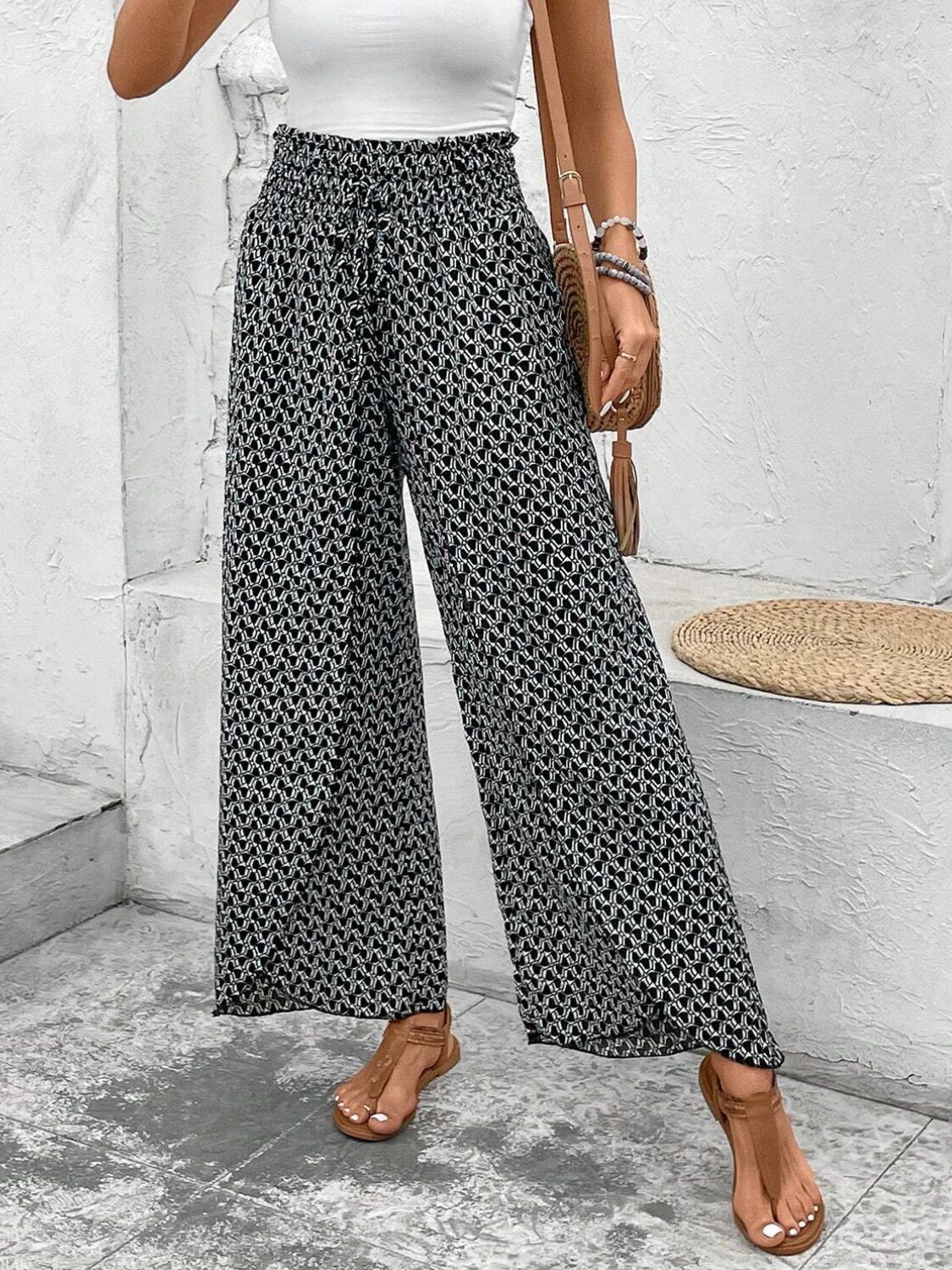 Tied Printed Wide Leg Pants b0fe4e72-b216-427d-8f84-1508bf127e1b-Max Trendsi