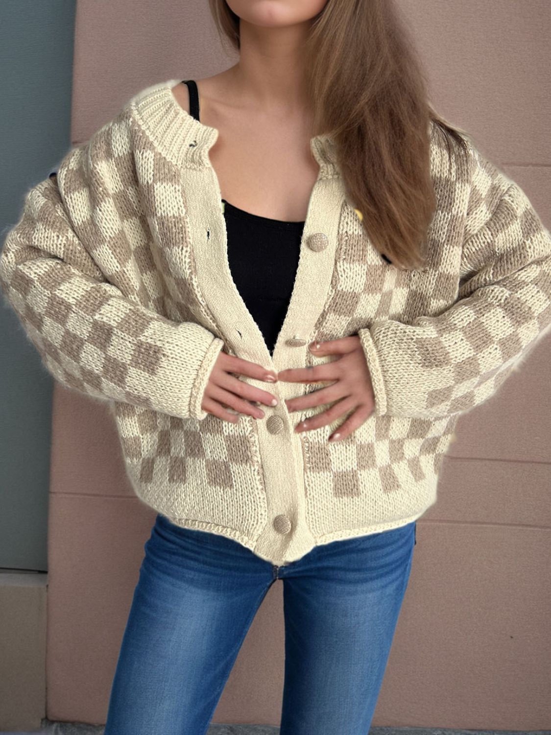 Checkered Button Up Round Neck Cardigan b12d46c7-92c6-40e3-ba06-3b0b7f1c504b-Max Glownestbest