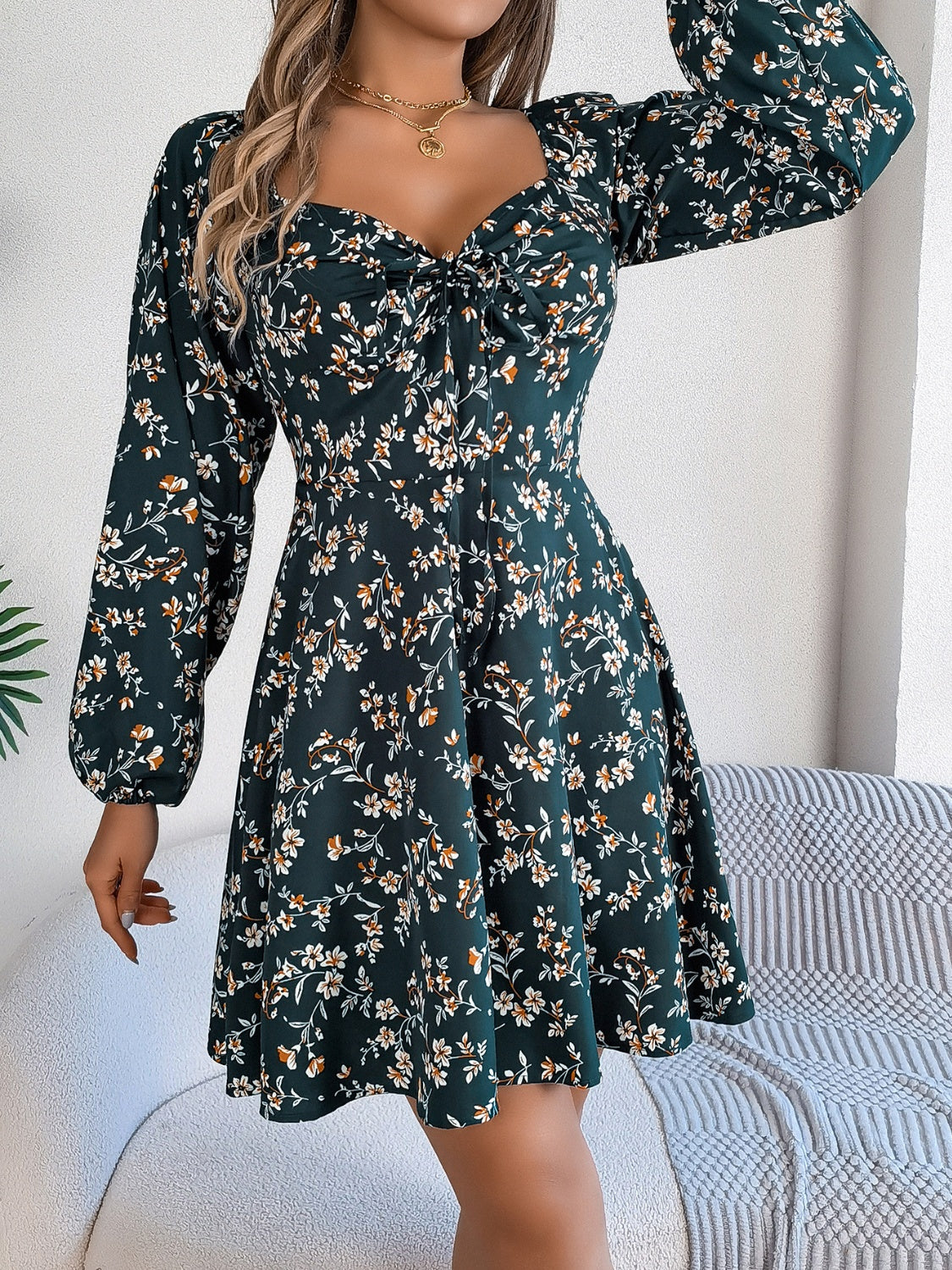 Printed Sweetheart Neck Balloon Sleeve Mini Dress Dark Green b16777d7-2fd9-423f-abf6-b0716251bae4-Max Glownestbest
